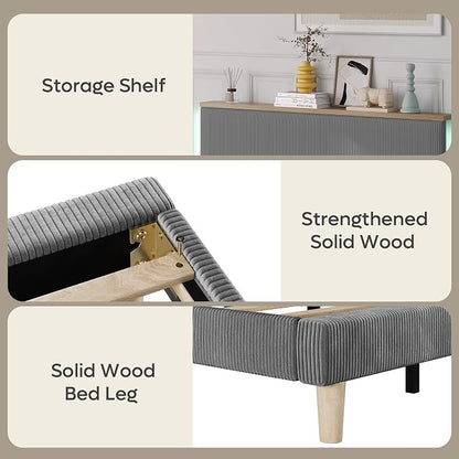Bestier Queen Bed Frame with Adjustable Headboard & LEDLighting, Corduroy Upholstered Platform Bed Frame withStorage Shelf, Solid Wood Slats, No Box Spring Needed,Never Squeak, Easy Assembly, Grey