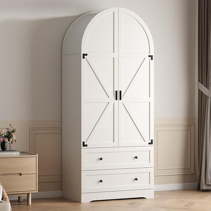 Gyfimoie White Armoire Wardrobe Closet with 2 Drawers, 74.8" Wooden Wardrobe with 2 Doors, Freestanding Closet Armoire Cabinet with Hanging Rack, Clothing Storage Cabinet for Bedroom (White)