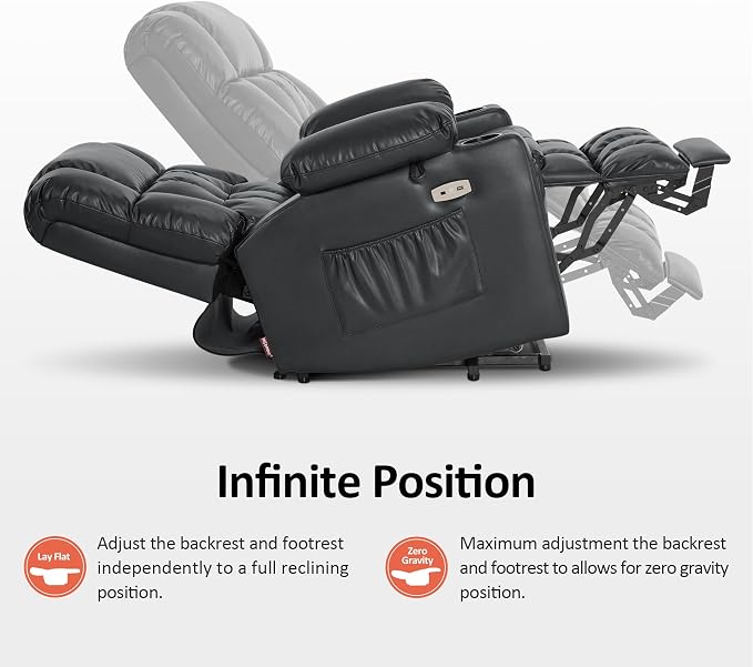 MCombo Small Dual Motor Power Lift Recliner Chair for Petite Elderly, Zero Gravity Lift Chair with Heat and Massage, Infinite Position Lay Flat Recliner, USB Ports, Faux Leather 7893 (Black, Small)