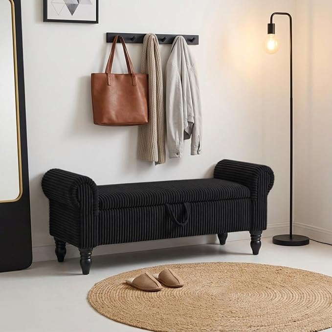 55" Storage Bedroom Bench for End of Bed, Storage Ottoman with Rolled Arms for Bedroom, Living Room, Entryway (Black)