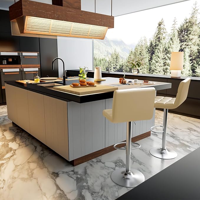 Homall Bar Stools Modern PU Leather Adjustable Swivel Barstools, Armless Hydraulic Kitchen Counter Bar Stool Extra Height Square Island Barstool with Back Set of 2 (Leather, Beige)