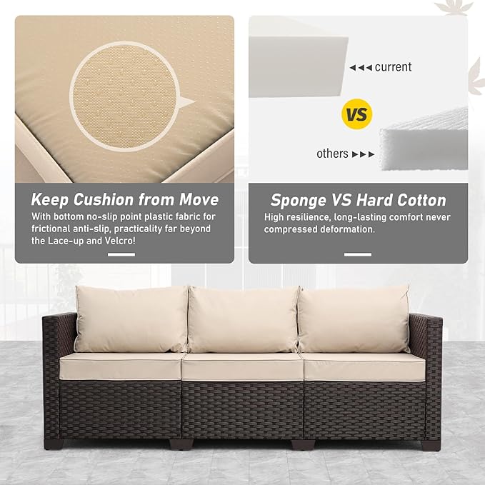 Rattan Star Outdoor Furniture Couch 3 Seater Sofa Outdoor Brown Wicker Sofa Deep Seat High Backrest Patio Couch with Non-Slip Cushions Waterproof Cover, Khaki