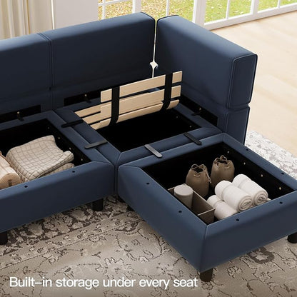 Belffin Modular Sectional Sofa Couch with Reversible Chaise Velvet L Shaped Storage 4-seat Convertible Blue…