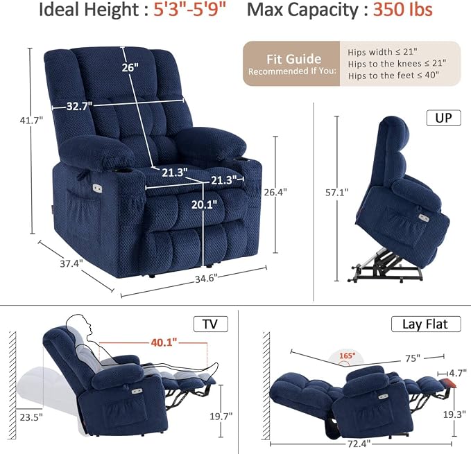 MCombo Dual Motor Power Lift Recliner Chair with Massage and Heat for Elderly People, Infinite Position, USB Ports, Cup Holders, Fabric 7890 (Medium, Yale Blue)