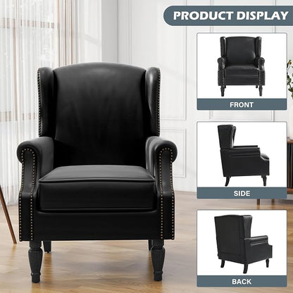 High Back Accent Chair, Faux Leather Wingback Chair Upholstered Armchair for Living Room - Black