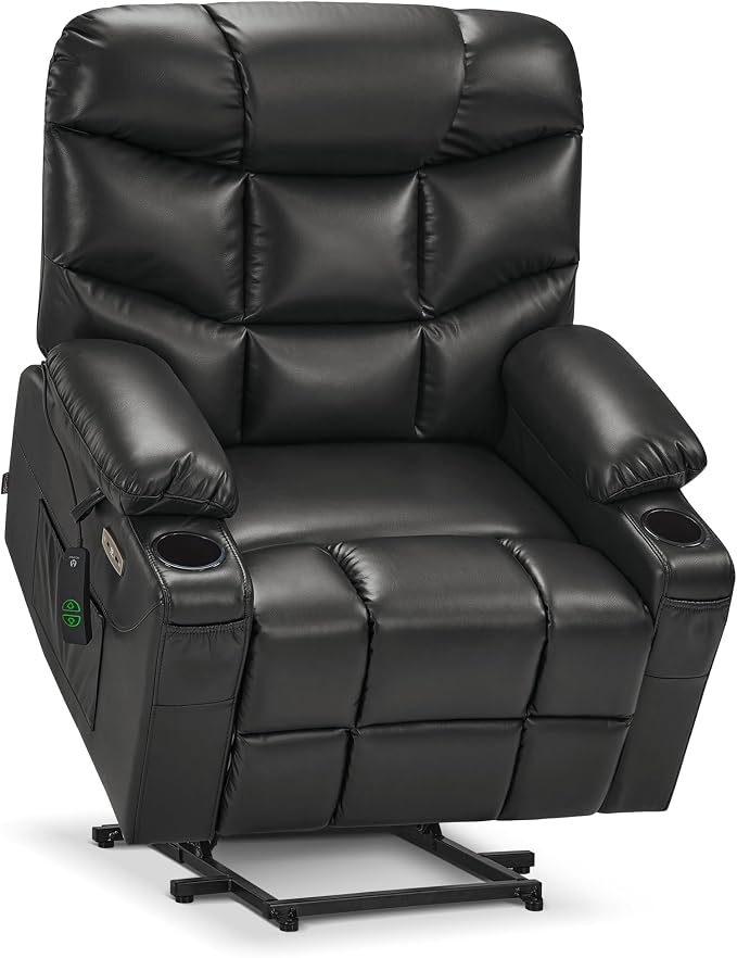 MCombo Oversized Power Lift Recliner Chair with Extended Footrest, Extra Wide for Big and Tall Elderly People, Faux Leather R7289 (Black, Medium-Wide)