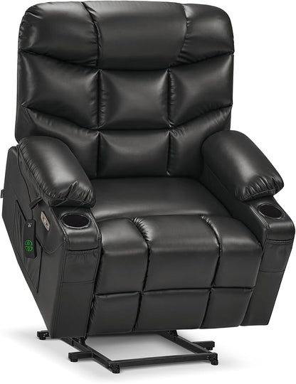 MCombo Oversized Power Lift Recliner Chair with Extended Footrest, Extra Wide for Big and Tall Elderly People, Faux Leather R7289 (Black, Medium-Wide)