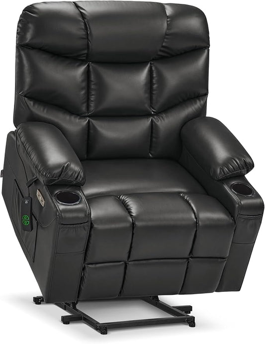 MCombo Oversized Power Lift Recliner Chair with Extended Footrest, Extra Wide for Big and Tall Elderly People, Faux Leather R7289 (Black, Medium-Wide)