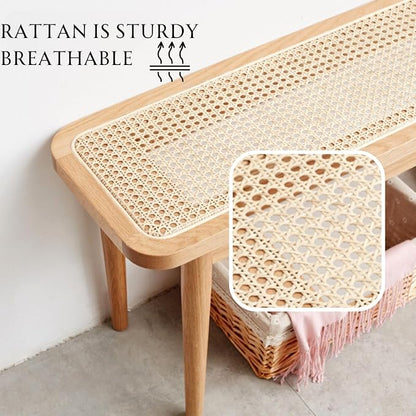 31.5'' Natural Rattan Dining Bench with 100% Solid Oak Wood Bench Frame, Bed End Shoe Ottoman for Kitchen Bedroom Entryway, Natural Oak