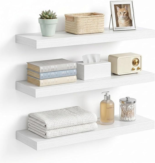 Floating Shelves for Wall, 16 inch Set of 3 Bathroom Shelf Bedroom Kitchen Living Room Hanging Book Shelves Small Farmhouse Decor, White