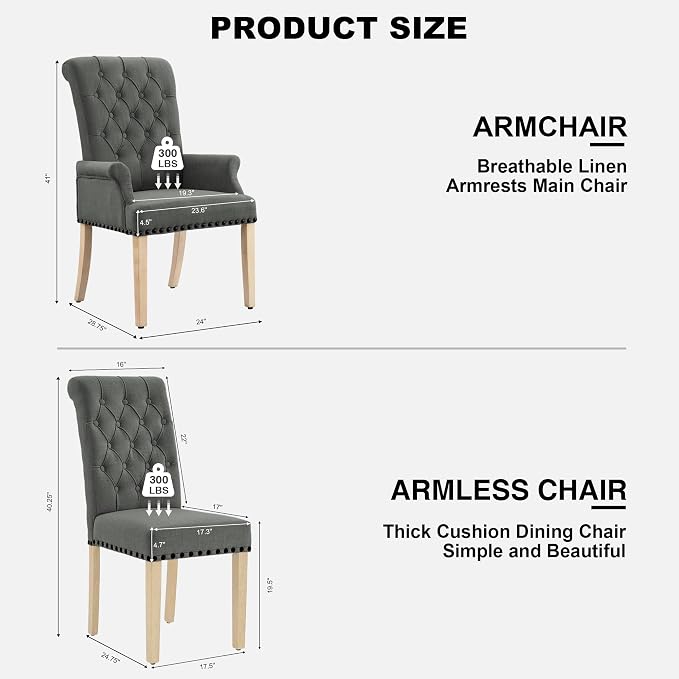 AODCHR Upholstered Fabric Accent Dining Chair Set of 6, Elegant Tufted Dining Room Chairs, Kitchen Room 2 Arm with 4 Armless,Dark Grey