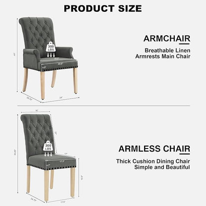 AODCHR Upholstered Fabric Accent Dining Chair Set of 6, Elegant Tufted Dining Room Chairs, Kitchen Room 2 Arm with 4 Armless,Dark Grey