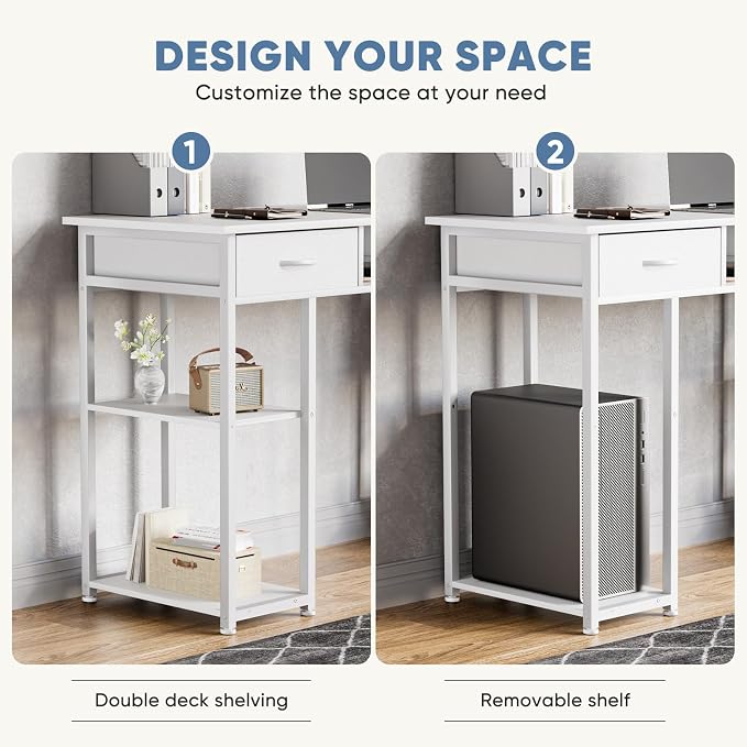 DUMOS 48" Small Computer Home Office Desk for Bedroom with Drawers, Gaming Writing Study Table with Storage Shelf, Adjustable Feet, Compact Desk for Gaming and Home Office Use, White