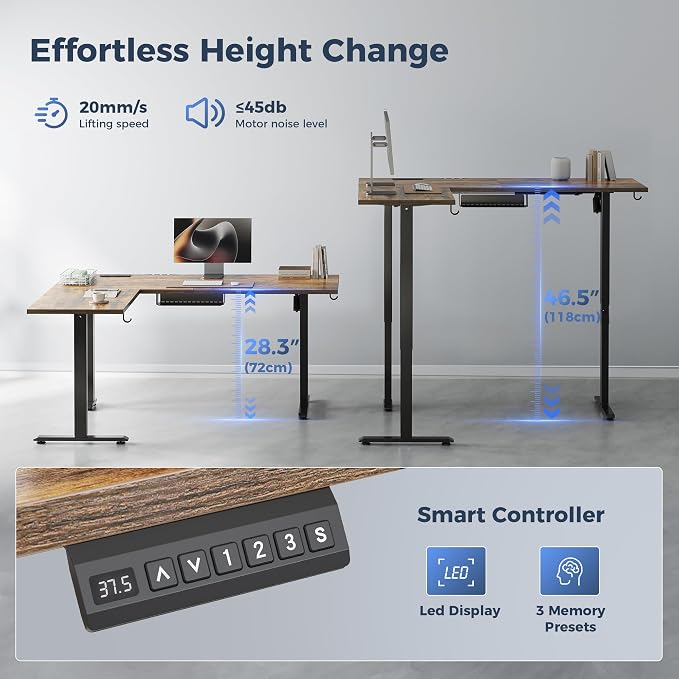 Klicelor L Shaped Standing Desk 63 x 48 Inch,Electric Height Adjustable Corner Desk with Cable Management & Power Outlets, Ergonomic Sit Stand Up Computer Table for Home Office,Rustic Brown