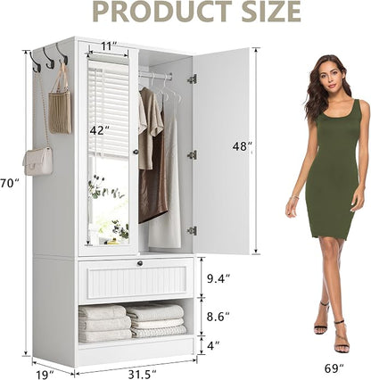 Einhomn 70" Armoire Wardrobe Closet with Doors & Mirror,Wooden Wardrobe with Drawers and 3 Side Hooks,Large Freestanding Bedroom Storage Wardrobe Cabinet,White