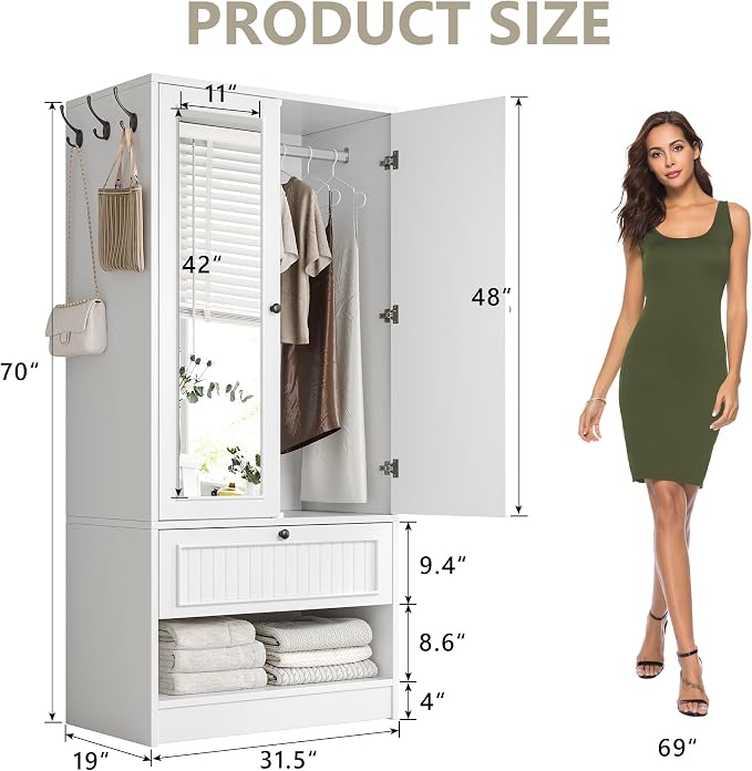 iPormis Wood Armoire Wardrobe Closet with Mirror Door and Drawer, 2 Doors Bedroom Storage Cabinet for Hanging Clothes, White