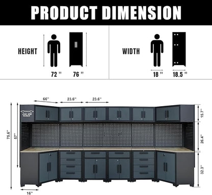 Garage Storage Cabinet System,2×8Pcs Garage Cabinets and Storage System Corner Workshop Set with Corner Cabinet, Cabinet Drawers, Workbench, Pegboard for Tool Organization, Black and Grey