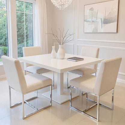 HNY Modern Dining Chairs Set of 2, Upholstered Linen Dining Room Chairs with Ergonomic Back & Polished Silver Metal Frame for Home, Kitchen, Apartment, Cream