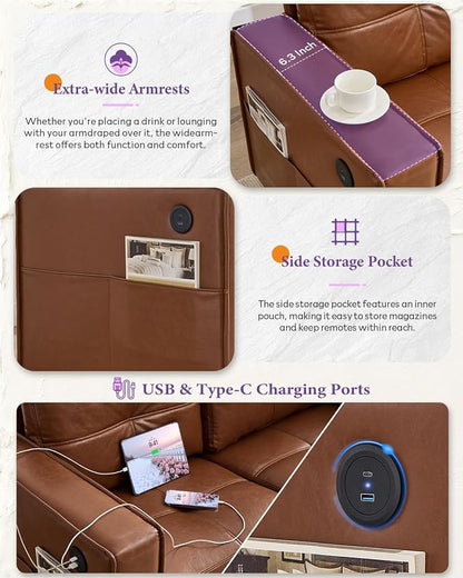 TYBOATLE Brown Sofa Couch Sectional Couches for Living Room, Comfy Faux Leather Modular Convertible L Shaped Sofas with USB & Ottoman, Leather Sectional with Side Pockets for RV Apartment Office