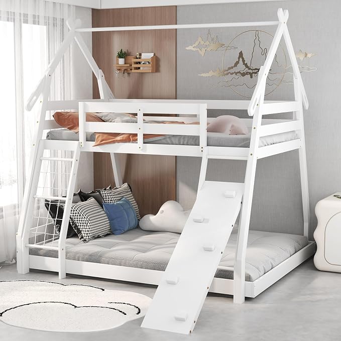 KOTEK Twin Over Queen Bunk Bed, House Bunk Beds with Climbing Nets and Ramp, No Box Spring Needed, Solid Wood Low Bunk Bed Frame for Kids Boys Girls (White)