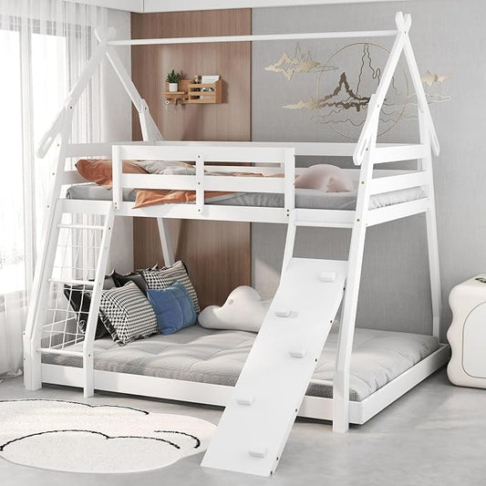 KOTEK Twin Over Queen Bunk Bed, House Bunk Beds with Climbing Nets and Ramp, No Box Spring Needed, Solid Wood Low Bunk Bed Frame for Kids Boys Girls (White)