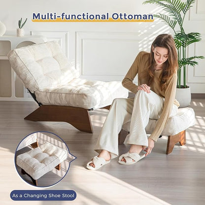 MAXYOYO Accent Chair with Ottoman Adjustable Backrest, Tufted Living Room Chair Upholstered Lounge Chair with Footrest Set, Modern Chair Cozy Reclining Chair for Reading Room, Beige