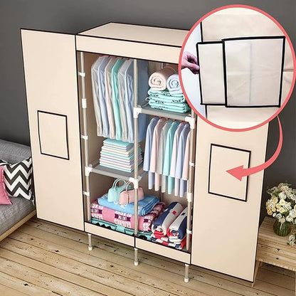 Portable Closet Clothes Organizer 34in Simple Non-Woven Fabric Wardrobe Closet Multi-Functional Clothes Storage Cabinet with Cover and Clothes Hanging Rod-Gray