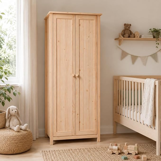 From the Tree Furniture Wardrobe – 2-Door Armoire, Unfinished Pine, 29.52″ W × 20.86″ D × 70.86″ H – Bedroom Closet with Adjustable Shelves & Hanging Rail, Stain-Ready