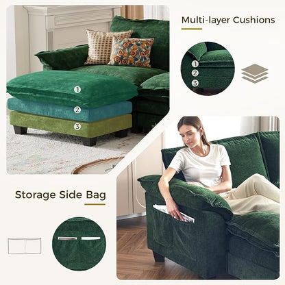 KKL U-Shaped Sectional Couch, 6-Seat Cloud Couch Modular Sectional with Ottoman 155″, Chenille Sectional Couch for Living Room, Apartment, Green