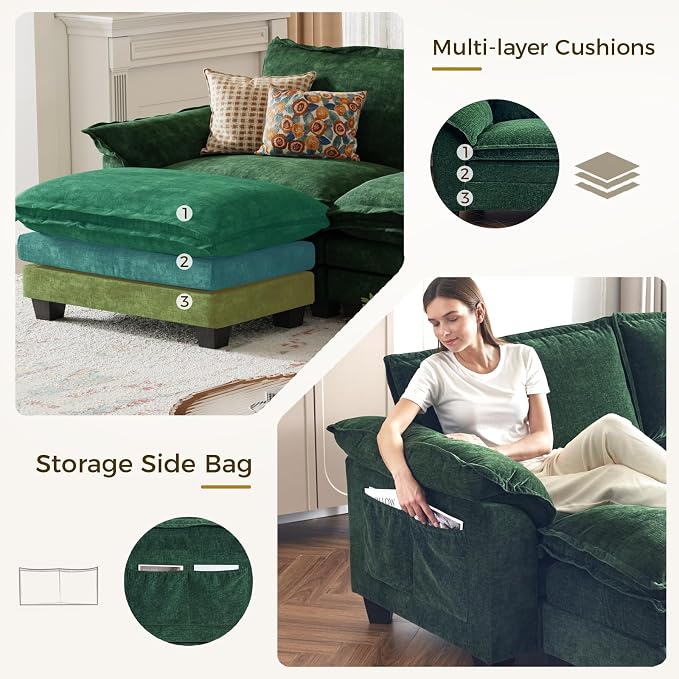 KKL Modular Sectional Sofa Bed with Ottoman, 4 Seaters Cloud Couch with Ottoman, Chenille Sectional Couches for Living Room, Apartment, Green