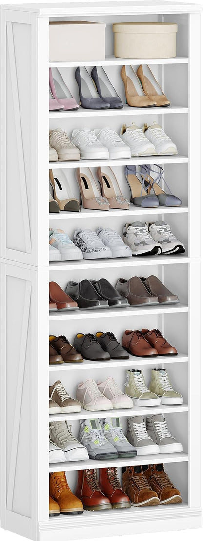 Hzuaneri Shoe Storage Cabinet, 10 Tiers Freestanding Shoe Cabinets, Wooden Shoes Rack with Cubby, 27-30 Pairs, Farmhouse Tall Shoes Cubby Organizer for Entryway, Living Room, White SR52603X