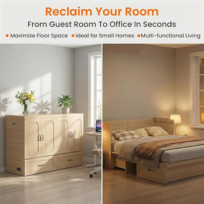 CECER Queen Murphy Bed with Mattress for Small Space/Guest-Natural Wood | Large Storage Drawer ＆ Built-in Multi-Port Charging Station，Space Saving ＆ Easy Assemble and Conversion