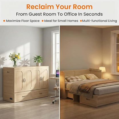 CECER Queen Murphy Bed with Mattress for Small Space/Guest-Natural Wood | Large Storage Drawer ＆ Built-in Multi-Port Charging Station，Space Saving ＆ Easy Assemble and Conversion
