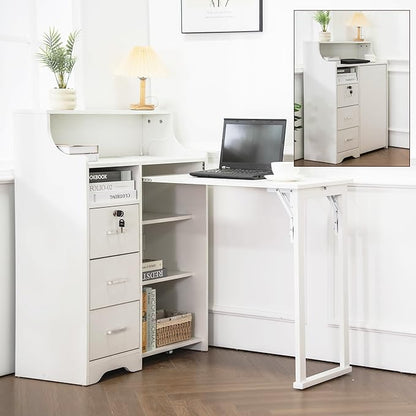 Folding Desk with Storage,Hidden Desk with Lockable Drawers & Shelves, Built-in Power Outlet,Fold Out Desk for Study and Home Office