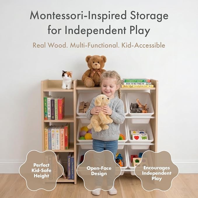 Humble Crew Toy Storage Organizer with Bookshelf, 9 Removable Storage Bins for Kids Playroom, Toy Organization and Storage, Solid Wood, Natural/White