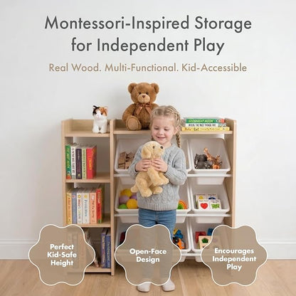 Humble Crew Toy Storage Organizer with Bookshelf, 9 Removable Storage Bins for Kids Playroom, Toy Organization and Storage, Solid Wood, Natural/White