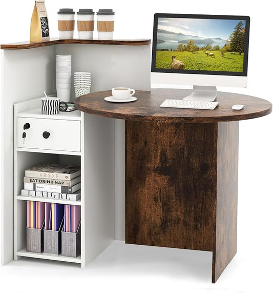 Reception Desk, Retail Checkout Counter w/Lockable Drawer & Open Shelves, Computer Workstation, Small Front Desk Reception Counter for Company Lobby Store Salon Office (Rustic Brown & White)