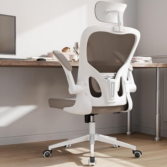 Office Chair Ergonomic Desk Chair with Lumbar Support&Headrest&Flip-up Arms Height Adjustable Rocking Swivel High Computer Chair Multi-Angle from 90° to 125° with 350LBS Capacity(White+Khaki-2)