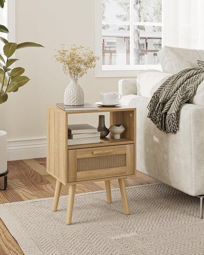 Aienvey Rattan Nightstand, Small Night Stand, Side Table with Drawer Open Shelf, Cane Accent Bedside End Table with Wood Legs, Mid Century Modern Nightstand for Bedroom, Oak (Mid-Century Modern)