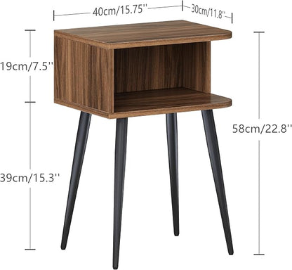 Nightstand Set of 2, Small Bed Side Table for Small Spaces, Mid Century Modern Nightstand End Table with Open Storage, Side Table for Bedroom Living Room, Walnut Brown MLBZ20R-2