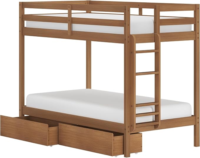 Grain & Grove Bear Twin Over Twin Bunk Bed with Storage Drawers, Sturdy Bunk Bed Frame for Kids, Plywood Bunk with Ladder, Guardrail, and Slats, No Box Spring Required, Oak Embossed Pecan