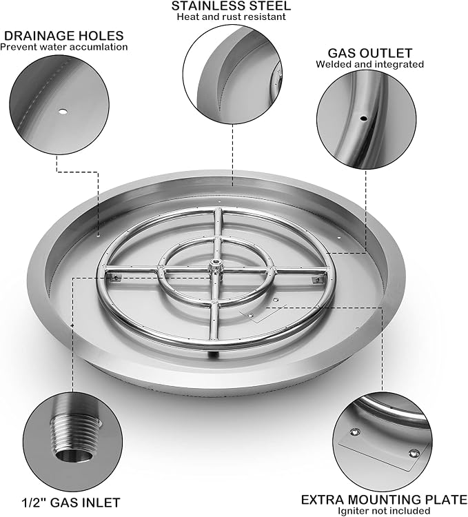 Stanbroil 19 InchDrop-in Round Fire Pit Kit with Spark Ignition,304 Stainless Steel Gas Fire Pit for Outdoor DIY Firepit - Natural Gas Version
