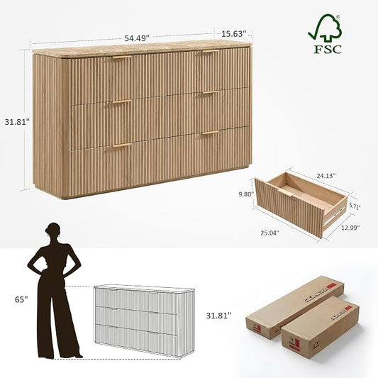 Dresser for Bedroom with 6 Drawers, 54"W Chest of Drawers, Fluted Dresser with Faux Marble Top, Curved Profile Design, Metal Handle, Wood Closet Storage Organizer for Living Room, Hallway, Natural Oak