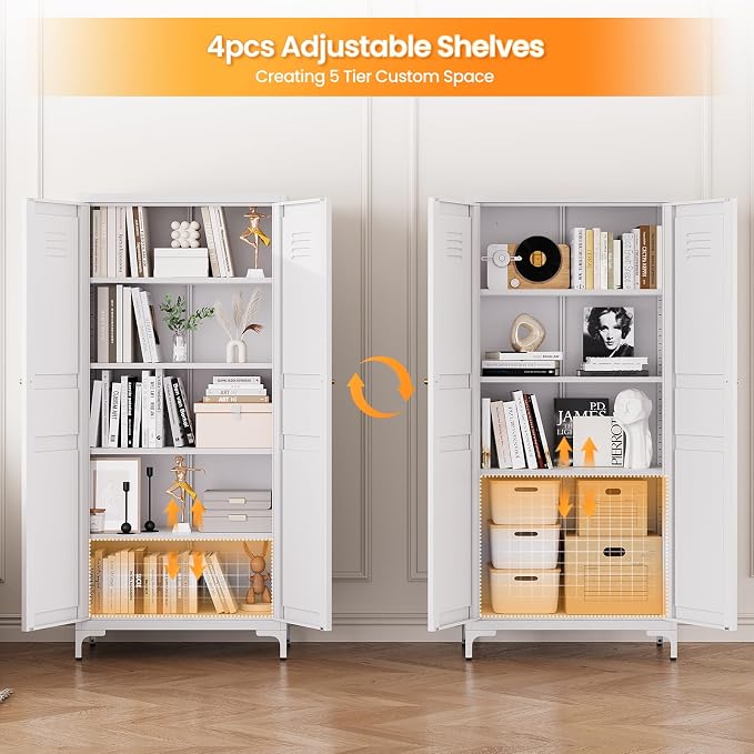 61" Tall Kitchen Pantry Storage Cabinet with 2 Doors and 4 Adjustable Shelve, Metal White Food Pantry Cabinet, Kitchen Cabinet Storage Unit,5 Tier Freestanding Cupboard for Kitchen Dining/Living Room