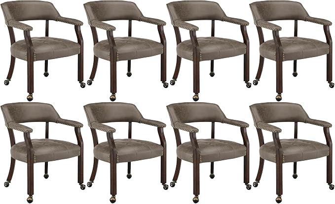 LEEMTORIG Set of 8 Dining Chairs with Casters and Arms, Rolling Dining Chairs with Wheels for Elderly, Ergonomic Wide Seat Wooden Office Chairs, 26"Dx25.2"W, Espresso Legs&Dark Brown Fabric SY-318-DK