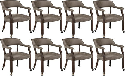 LEEMTORIG Set of 8 Dining Chairs with Casters and Arms, Rolling Dining Chairs with Wheels for Elderly, Ergonomic Wide Seat Wooden Office Chairs, 26"Dx25.2"W, Espresso Legs&Dark Brown Fabric SY-318-DK
