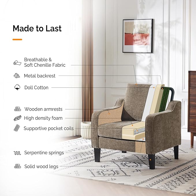 VINGLI Accent Chairs Set of 2 Living Room Chairs Light Brown Reading Chair for Bedroom Scooped Arm Chair Mid Century Modern Accent Chairs Upholstered Comfy Chair for Apartment, Waiting Room
