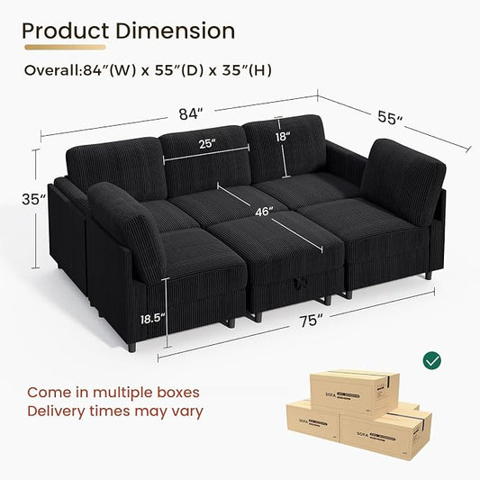 KKL Modular Sectional Sofa Bed - Sofa Couch with Storage Ottoman, Convertible L/U-Shaped Sleeper Couch for Living Room, Modern Reversible Design, Black