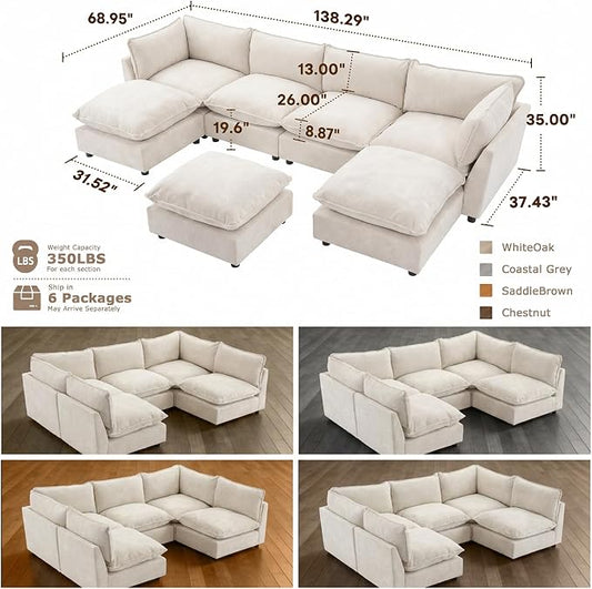 Iroomy Modular Sectional Sofa, U Shaped Chenille Cloud Couch Deep Comfy Seat, 6-Seater Sofas Couches for Living Room, Beige, High Feet
