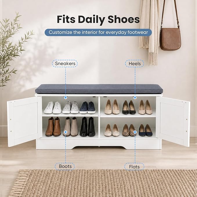 NEWBULIG Shoe Storage Bench for Entryway with Cushion, 39.4IN, White | Shoe Organizer Cabinet with Padded Cushion and Doors, Adjustable Shelves, Shoes Bench for Hallway, Mudroom, Bedroom
